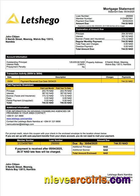 Namibia Letshego Bank Namibia mortgage statement Word and PDF template